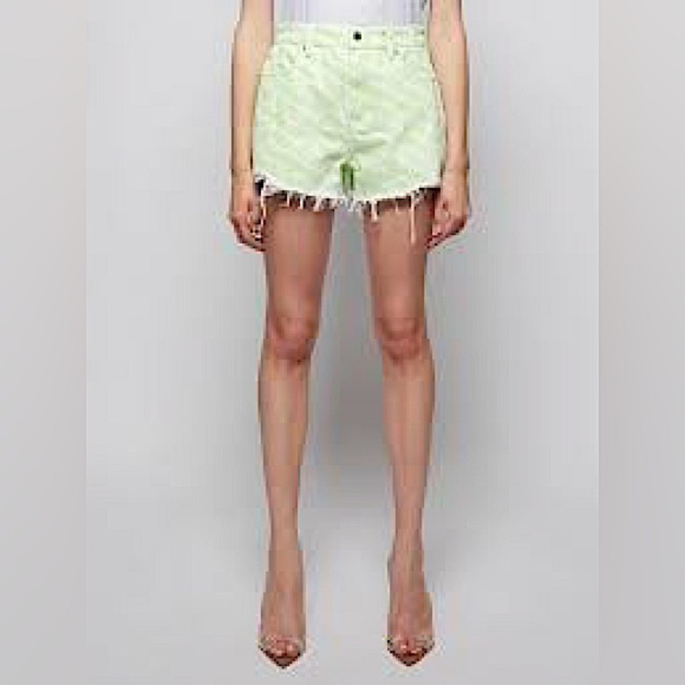 Alexander Wang All-over Logo Print Fray Edge Bite High Rise Green Denim Shorts